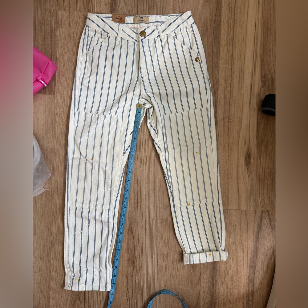 Scotch & Soda Cream and Blue Striped painters Trousers w knee patches - girls 8